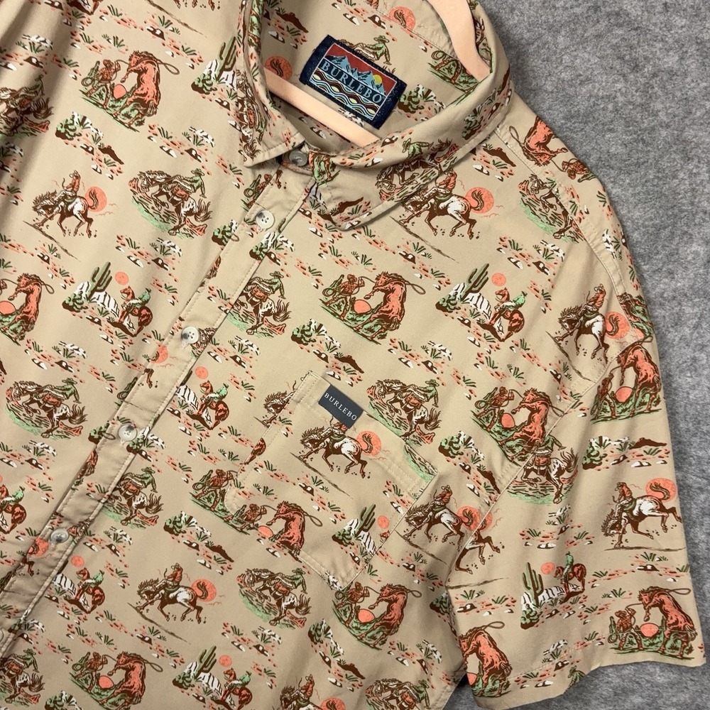 Burlebo Performance Button Up Shirt 2XL Tan Cowboy Up Print Stretch Golf